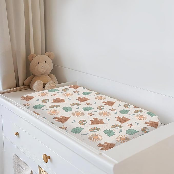 Boho Beach Summer Changing Pad Covers for Baby Girls Boys Retro Seaside Holiday Fitted Change Table Pad Covers Mats Sun Seashells Castle Soft Diaper Changing Pad Sheets for 32''×16'' Contoured Pad