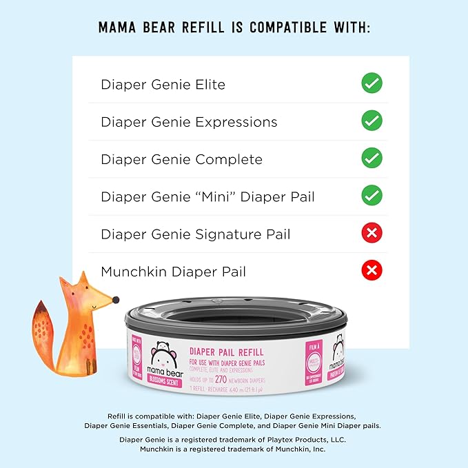 Amazon Brand - Mama Bear Blossoms Scented Diaper Pail Refills for Diaper Genie Pails with Odor Elimination, 1080 Count (4 Packs of 270 Count)