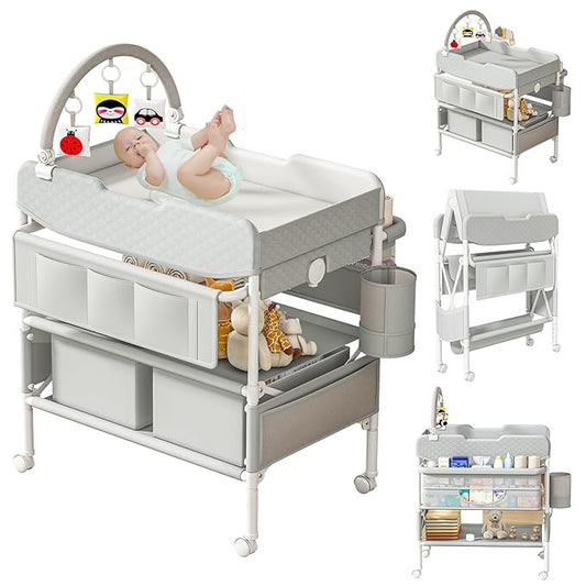 Baby Changing Table with Drawers, Waterproof Versatile Folding Diaper Changing Station with Storage, Adjustable Height, Portable Diaper Chang ing Station, Mobile Nursery for Infant and Newborn