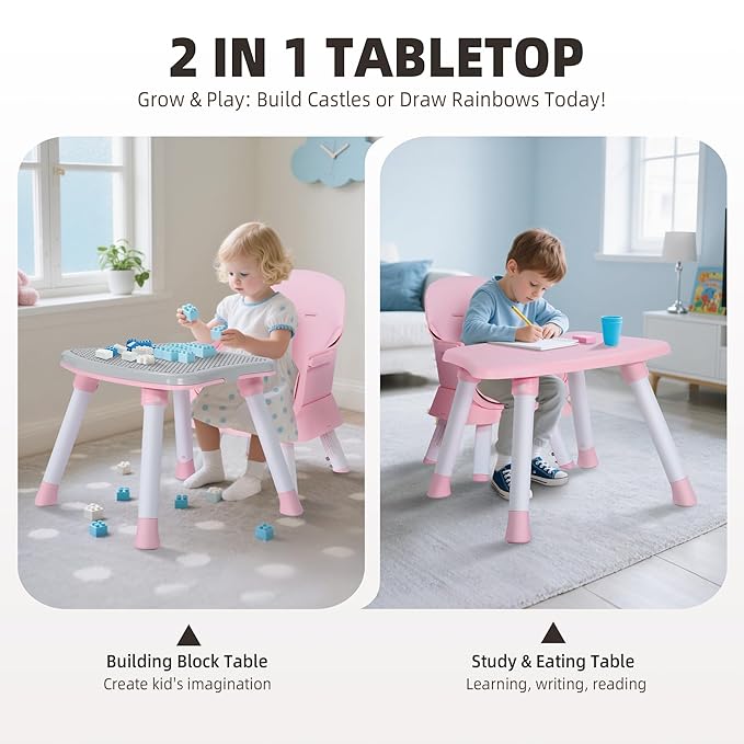 Baby High Chair, 8 in 1 Convertible Highchair, Booster Seat, Building Block/Activity Table, Stool, Feeding Chair with Dishwasher-Safe Tray, High Chairs for Babies and Toddlers (Pink)