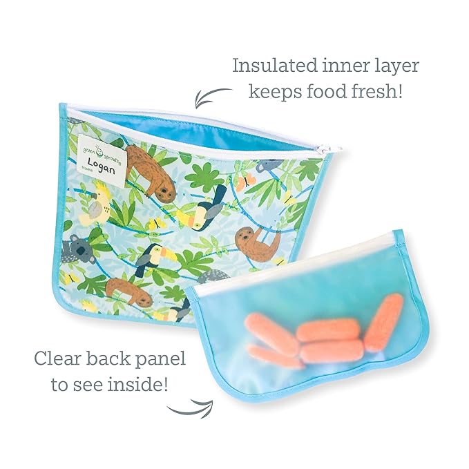 Green Sprouts Reusable Snack Bags (2 Pack) Holds Food, Utensils, Wipes, & More Food-Safe, Waterproof, Easy-Clean Material