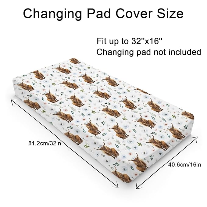 Highland Cow Poppy Leaves Baby Changing Pad Cover for Boy Girl 32''x16'' Highland Yak Boho Floral Fitted Diaper Change Table Sheets Farm Animal Comfort Soft Breathable Nursery Changing Table Mats