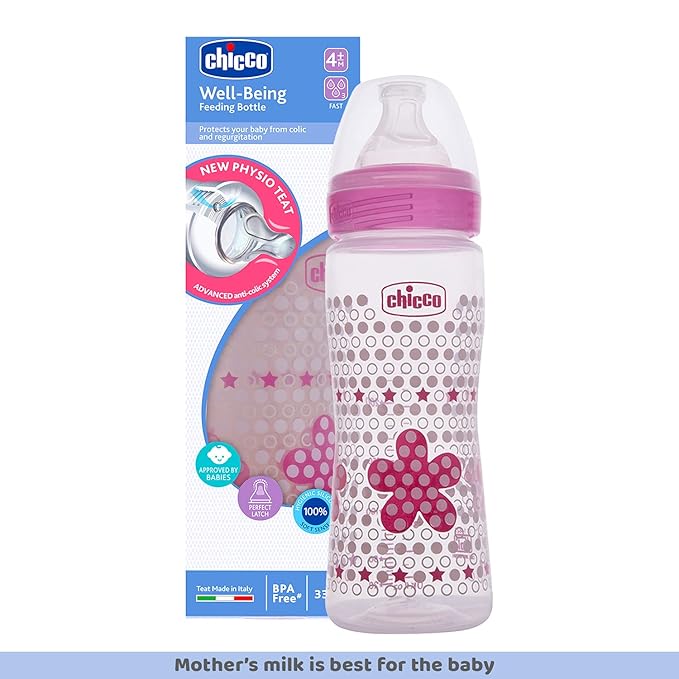 Chicco Well-Being 330 ml Feeding Plastic Bottle, Advanced Anti-Colic System, BPA Free, Hygienic Silicone Teat (Pink)