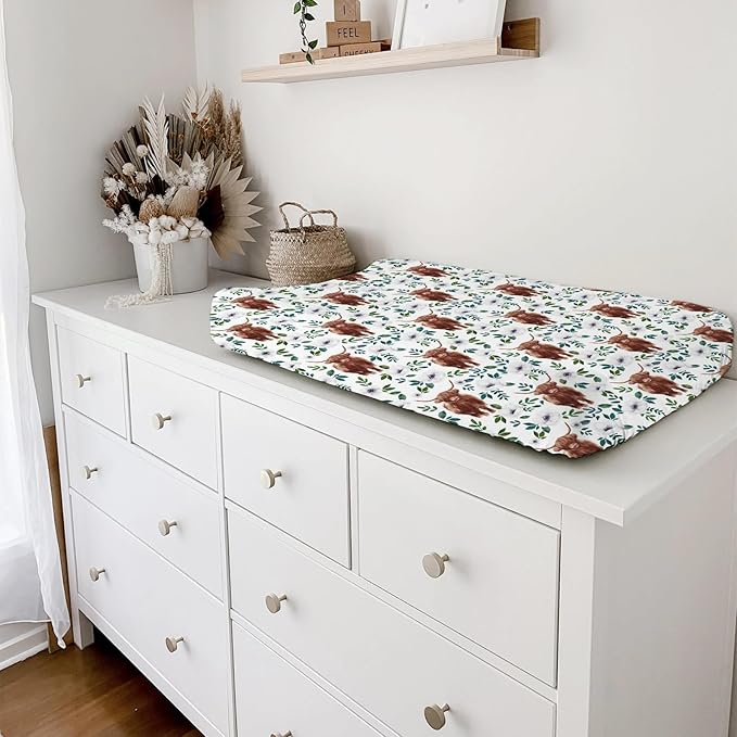 Highland Cows White Poppy Changing Pad Cover Cute Yak Boho Floral Diaper Changing Table Cover Sheets for Boys Girls Soft Breathable Stretchy Fitted Changing Table Mats 32''x16''