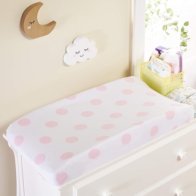 EVERYDAY KIDS 2 Pack Baby Changing Pad Covers for Baby Girl – Fits Most Changing Table Pads; 100% Cotton Jersey Knit, Breathable, Soft Changing Table Topper – Pink and White Hearts and Polka Dots