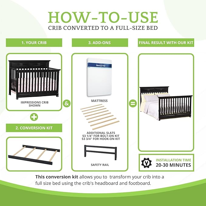 Full-Size Conversion Kit Bed Rails Compatible with Simmons Kids Convertible Cribs by Delta Children - Solid Wood Rail - Toddler & Adult Bed Rail for Full-Size - Nursery Furniture (Black, HOOK-ON KIT)