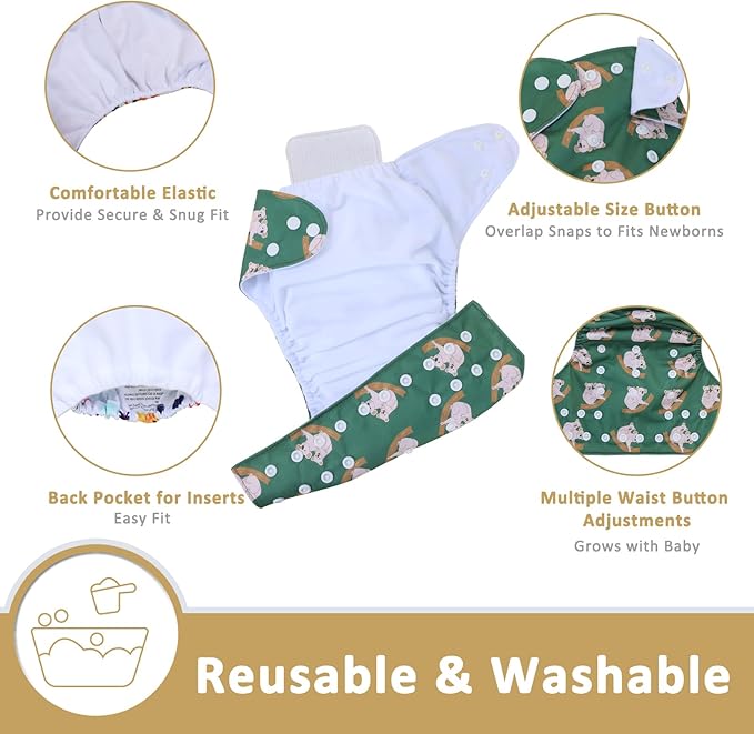 TDIAPERS Cloth Diaper Covers Reusable Washable Pocket Diapers One Size Adjustable for Baby 10 Pack with 10 Pcs Microfiber Inserts, 1 Wet Bag