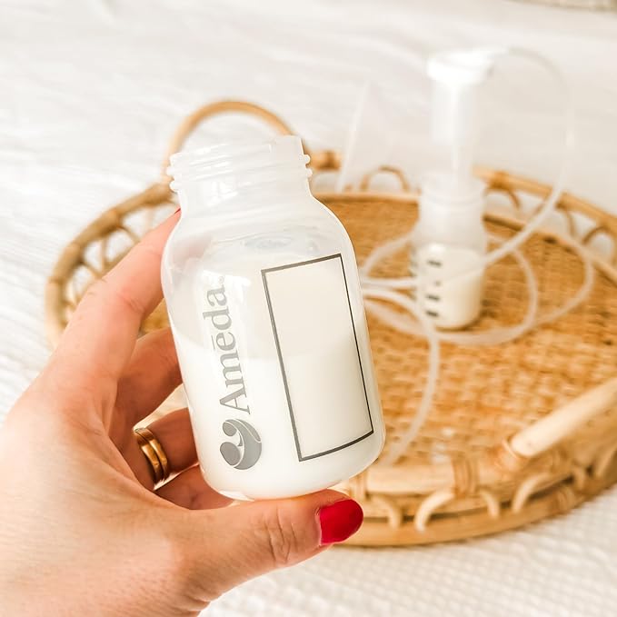 Ameda Breast Milk Storage Bottles Includes: (4) 4oz. Bottles with (4) 2-Piece Lock-Tight Caps, for Breast Milk Storage, Fits with Ameda Brand Pumps, Finesse & Most Standard Breast Pump Kits
