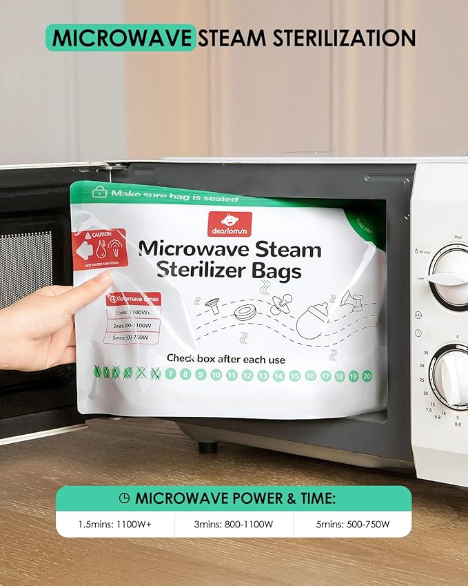dearlomum Microwave Steam Sterilizer Bag for Baby Bottles 15 Count (20 Uses Per Bag), Reusable Travel Sterilization Pouches, Disinfection Container for Baby Pacifiers and Breast Pump Accessories