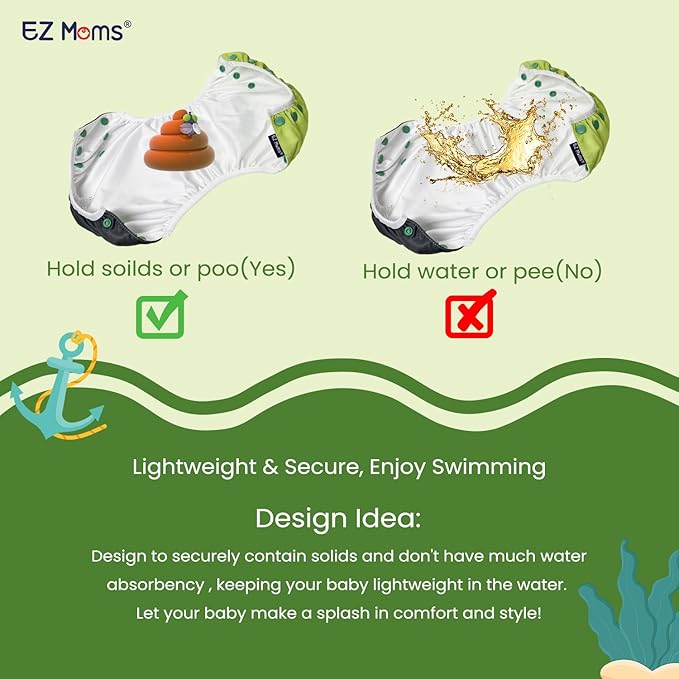 EZ Moms Baby Swim Diapers Reusable 2Pcs Snap One Size Adjustable Washable Newborn Infant Swim Diaper with a Shammy Towel for Baby Boy Water Diaper Waterproof Swimming Diapers for Swimming Lessons