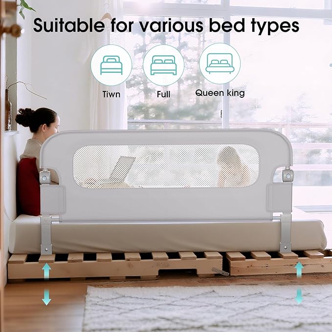NUTIKAS Baby Bed Rail Guard for Toddlers - 70" Toddler Bed Rails for Twin, Full, Queen, King Bunk Size Bed Swing Down Bedrail Extral Tall Child Safety Side Railing Guards for Kids Gray