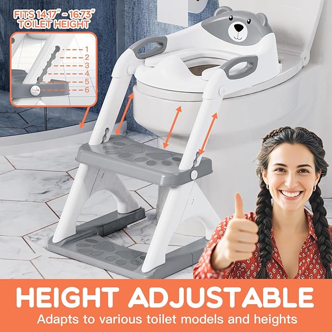 Potty Training Seat with Step Stool Ladder, Toddler Toilet Seat for Boys Girls, Adjustable 6 Heights Fits Round & Elongated Toilets, Anti-Slip Pads & Leak-Proof Guard