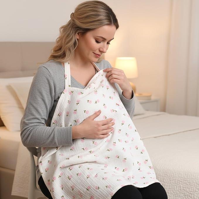 Muslin Nursing Covers for Baby Breastfeeding Privacy Breast Feeding Cover Breathable Breastfeeding Cover up with Arch Neckline Multi-use Stroller Covers for Women Nursing Apron