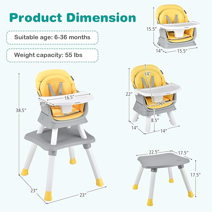 HOMGX Baby High Chair, 8-in-1 Convertible High Chair w/Removable Tray & Safety Harness, Infant Dining Booster Seat, Building Block Table & Chair Set, Highchair for Babies and Toddlers (Yellow)
