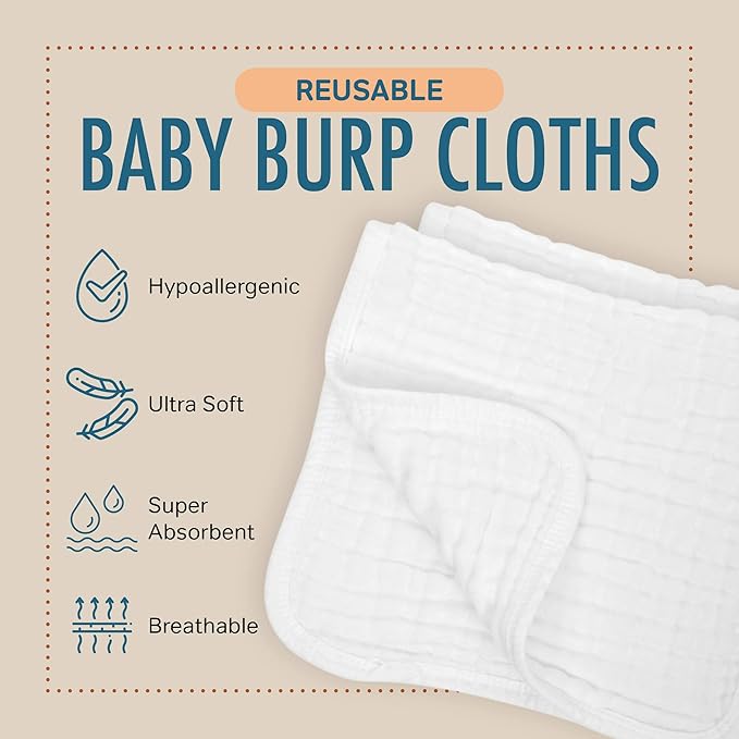 AllSett Health 10 Pack Muslin Burp Cloths Large 20" by 10" 100% Cotton, Hand Wash Cloth 6 Layers Extra Absorbent and Soft White