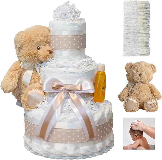 Lil' Baby Cakes Gender Neutral Diaper Cake for Baby Showers or Newborn Gift - Handmade Baby Gift with 42 Swaddler 1 Diapers - Neutral Cake with Plush Teddy Bear - Size 10 in x 12