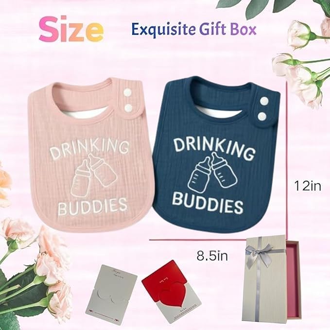Twin Bibs – Ultra-Soft Cotton Yarn Twin Baby Bibs - 'Drinking Buddies' Design, High Absorbency, Perfect Infant Gift