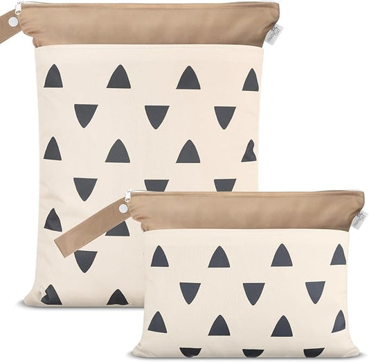 Cloth Diaper Wet Bags – Waterproof & Reusable Bag with 2 Zippered Pockets with Handle, Perfect for Stroller, Travel, Baby Essentials & Breast Pump Storage (Sand Triangular-2pk)