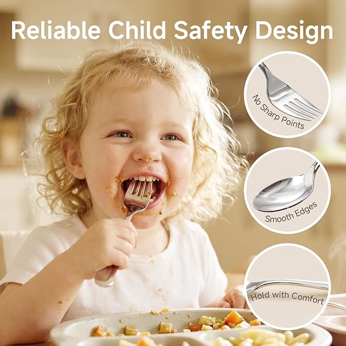 KINGSTONE Toddler Utensils Set, 2-Piece Forks and Spoons, 18/10 Stainless Steel Kids Silverware for Self-Feeding Training, Food-Grade Flatware Set with Storage Case for Traveling, Dishwasher Safe