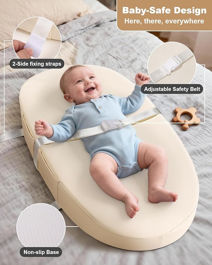 Baby Changing Pad with Waterproof & Wipeable PU Cover, Contoured Diaper Changing Pads for Dresser with Non-Slip Safety Belt, Portable Lightweight Changing Mat, Beige