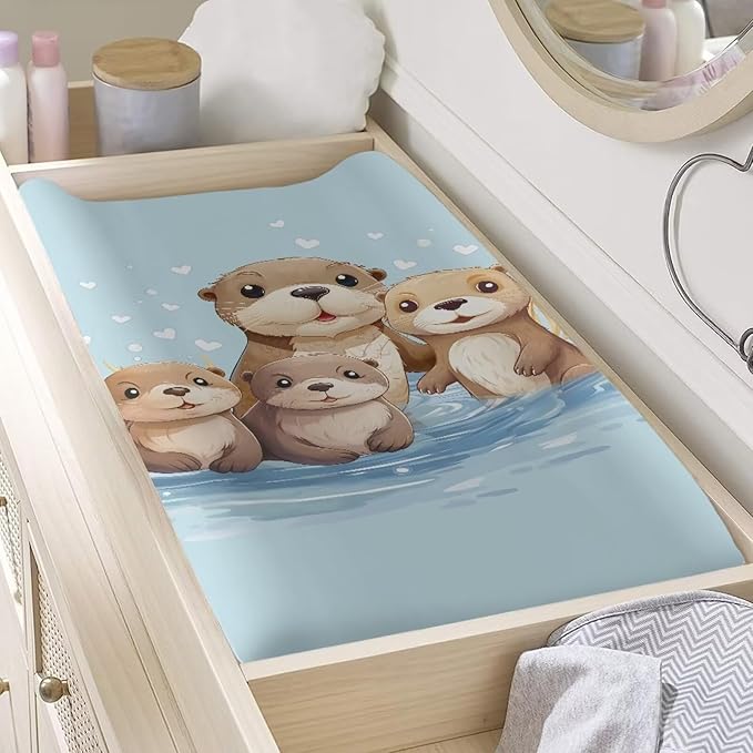 Sea Otter Changing Pad Cover Waterproof Soft Changing Table Cover Breathable Universal Tray Table Mat for Boys Girls Fit 32"x16" Contoured Pad for Baby