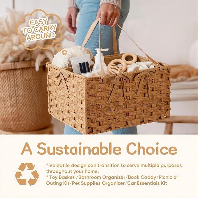 Diaper Caddy Organizer, Hand Rattan Nursery Storage Basket for Baby Essentials, Baby Changing Table Organizer Perfect Nursery Assistant, Easy Assemble (Natural, M)