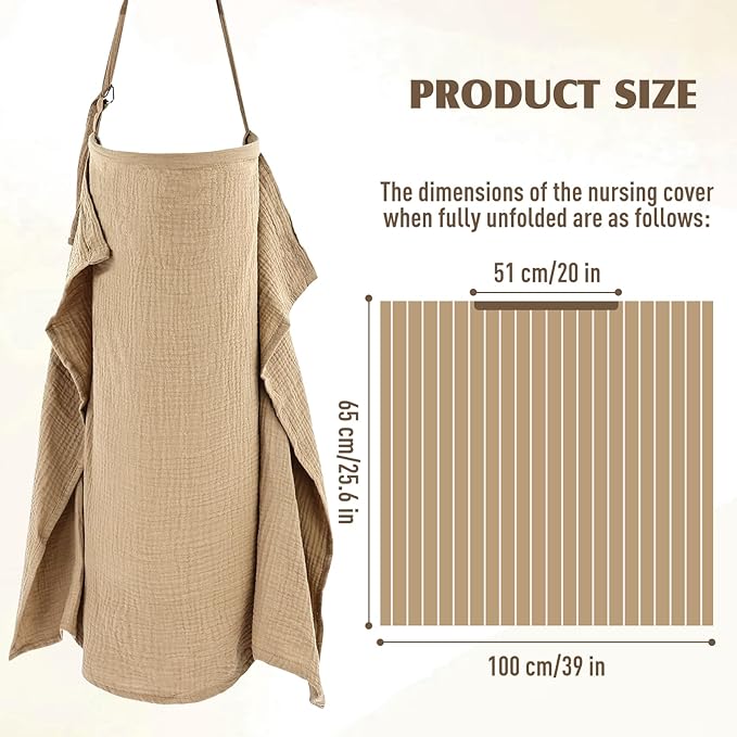 Cinaci 2 Pack Pure Cotton Muslin Lightweight Breathable Breastfeeding Nursing Cover Blankets with Adjustable Metal Clasp (Camel+Khaki)