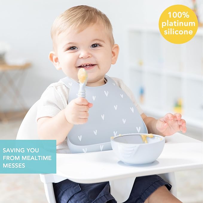 Bumkins Bibs, Silicone Pocket for Babies, Baby Bib for Girl or Boy, for 6-24 Months Up to Toddler, Essential Must Have for Eating, Feeding, Baby Led Weaning Supplies, Mess Saving, Gray Hearts