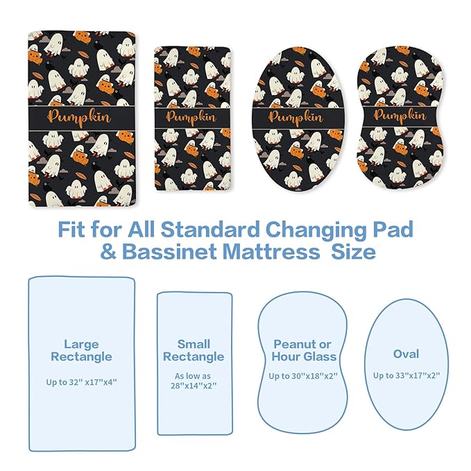 KAINSY Personalized Halloween Black Ghost Pumpkin Print Changing Pad Cover, Custom Diaper Change Table Sheets with Name, Soft Jersey Knit Change Table Sheets, 2 Pack Changing Pad Covers (16" x 32")