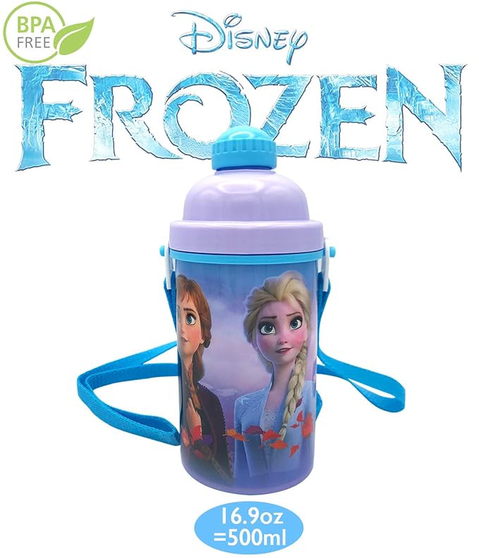 Zak Designs Disney Frozen One Touch Button Water Bottles with Reusable Built in Straw, Carrying Strap - Safe Approved BPA Free, Easy to Clean, for Kids Girls Boys, Goodies Home Travel