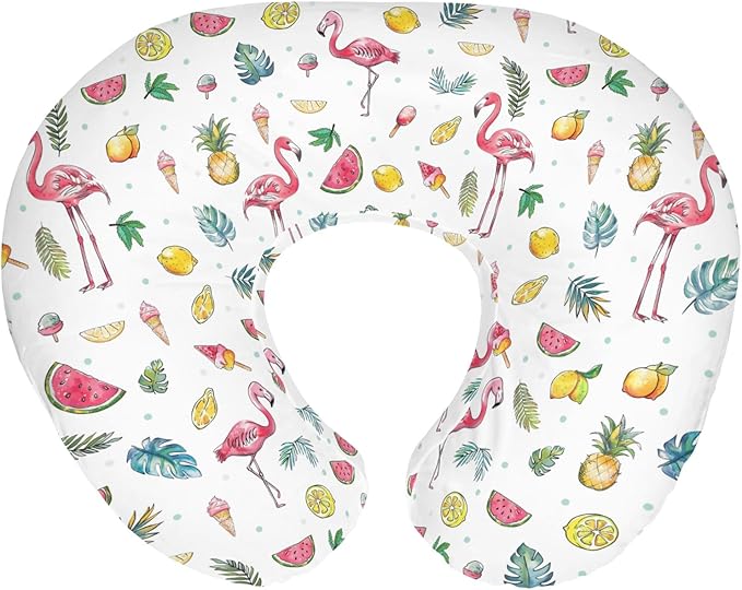 Pink Flamingo Tropical Flowers Leaves Baby Nursing Pillow Covers for Boy Girl Summer Birds Fruits Nursery Pillowcase for Breastfeeding Pillows Boho Beach Vacation Soft Stretchy Slipcovers for Newborn