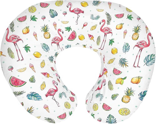Pink Flamingo Tropical Flowers Leaves Baby Nursing Pillow Covers for Boy Girl Summer Birds Fruits Nursery Pillowcase for Breastfeeding Pillows Boho Beach Vacation Soft Stretchy Slipcovers for Newborn