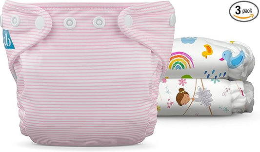 Charlie Banana Cloth Diapers, Reusable, Washable, Adjustable Newborn Size Diaper for Newborns and Babies (5-10lbs), with Absorbent Inserts - Bright Beginnings, 3 Pack