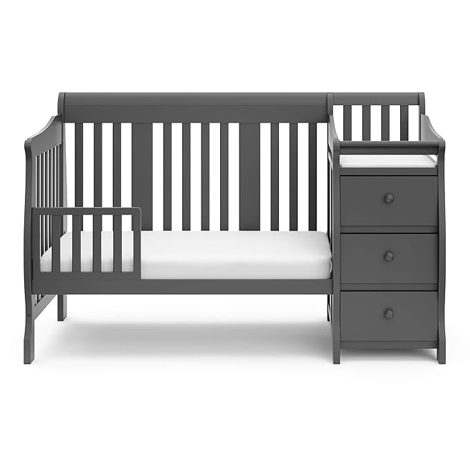 Storkcraft Portofino 5-in-1 Convertible Crib and Changer – Crib and Changing Table Combo with Drawer, Converts to Toddler Bed, Daybed and Full-Size Bed, Storage Drawer (Gray)
