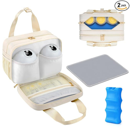 PIIOSER Breastmilk Cooler Travel Bag with Ice Pack, Compatible with Wearable Breast Pumps & Accessories - Portable Hands Free Breast Pump Carrying Case for Nursing & Working Moms, Cream