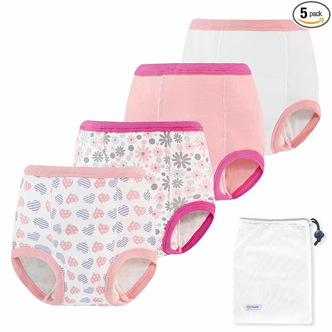 EZ Moms 4 Packs Toddler Potty Training Underwear Leakproof Soft Absorbent Kid Confident Toilet Training Pants for Girls 1T 100% Cotton Underwear Reusable Baby Girl Pee Pants with Potty Sticker Chart