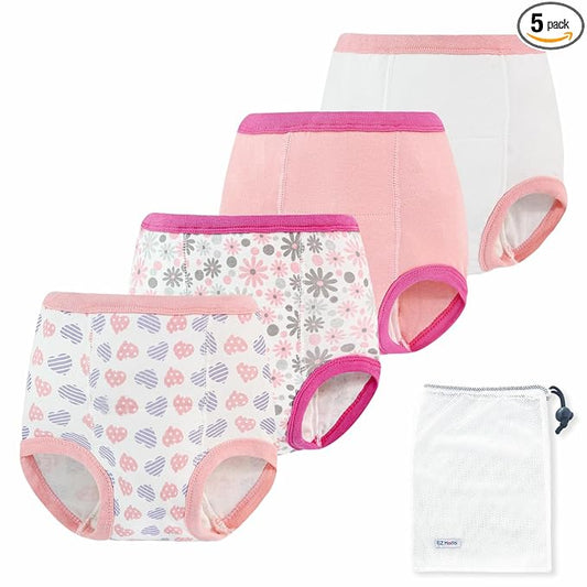 EZ Moms 4 Packs Toddler Potty Training Underwear Leakproof Soft Absorbent Kid Confident Toilet Training Pants Girls 5T 100% Cotton Underwear Reusable Toddler Girl Pee Pants with Potty Sticker Chart