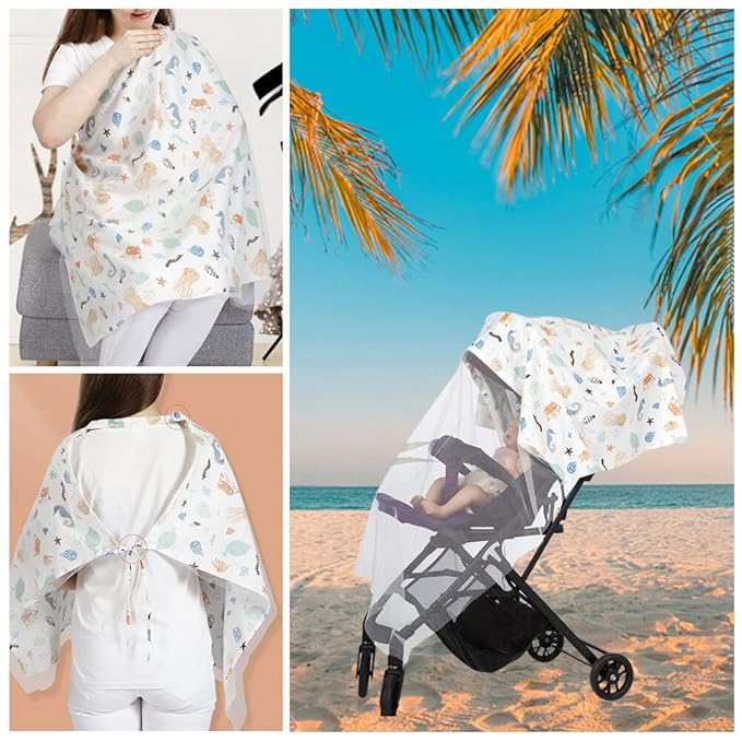 2 Pack Baby Nursing Cover with Wire Hoop Full Privacy Breastfeeding Cover Breathable Light Weight Breastfeeding Apron Cover Car Seat Canopy Summer Cotton Nursing Scarf with Adjustable Buckle