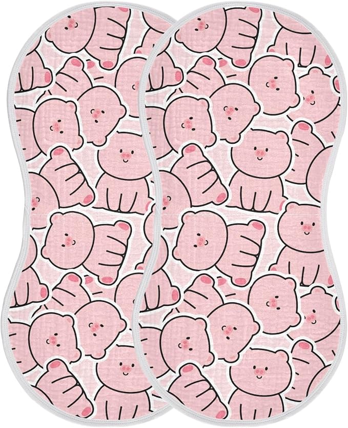 Muslin Burp Cloths for Baby Boys and Girls - 2-Pack Ultra Absorbent Cartoon Pig Muslin Washcloths, Newborn Towel, Milk Spit Up Rags, Burp Cloth Bibs for Unisex, 22 x 11 Inch