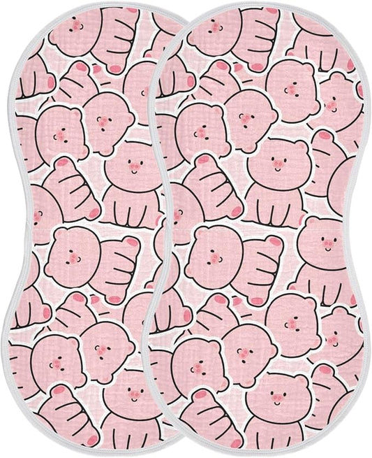 Muslin Burp Cloths for Baby Boys and Girls - 2-Pack Ultra Absorbent Cartoon Pig Muslin Washcloths, Newborn Towel, Milk Spit Up Rags, Burp Cloth Bibs for Unisex, 22 x 11 Inch
