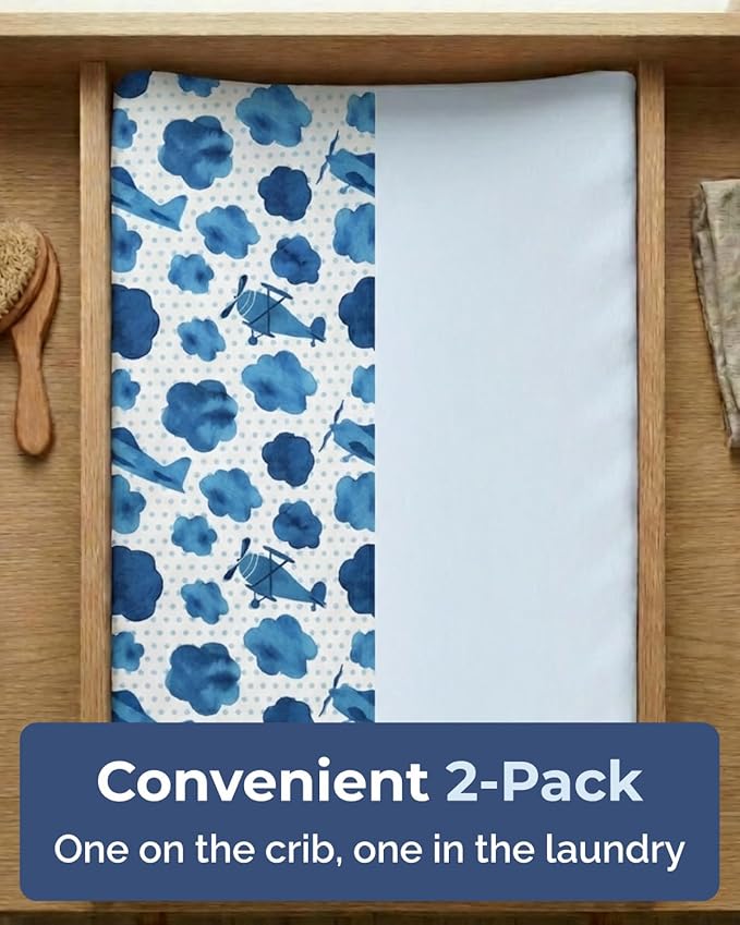 Changing Pad Cover - Pack of 2 Soft Unisex Diaper Change Microfiber Table Sheets - Fits 32"x16" Contoured Pad - Changing Pad Cover for Baby Boys & Girls - Snug, Machine Washable - Oeko-Tex, Plane Sky