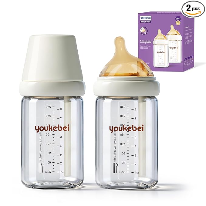 Natural Glass Baby Bottle for Breastfed Babies, Anti-Colic Baby Bottle Set with Medium Flow Nipple(M), 3 Months +, 8 oz, 2 Pack