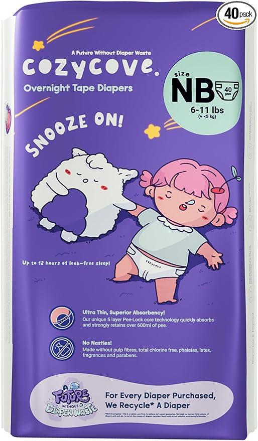 Cozycove Newborn (6-11 lbs) Diapers, 40 Count, Totally Chlorine Free, Skin-Friendly Material | Snooze On Slim Overnight Tape Disposable Diapers | 1 Bag of 40