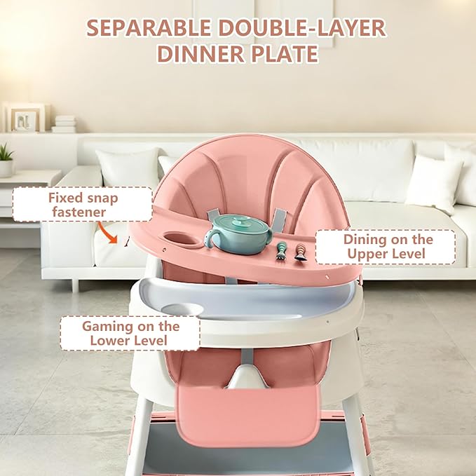 Foldable 4-in-1 Baby High Chair for Babies & Toddlers, High Chair with Detachable PU Cushion, Removable Tray, Adjustable Height, Locking Wheels,Pink