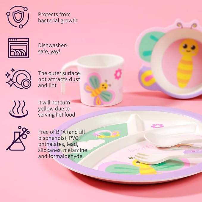 Kids Dinnerware Set, Includes Toddler Plate Bowl Tumbler and Utensils, BPA Free Bamboo Fiber Material Perfect for Little Girls (Purple - Butterfly Theme)