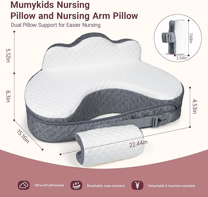 Elevated Nursing Pillow with Arm Pillow, Ergonomic Safety Memory Foam Breastfeeding Pillow, Adjustable Strap, Wider Cushion, Removable Cover & Side Pocket for Breastfeeding & Bottle Feeding