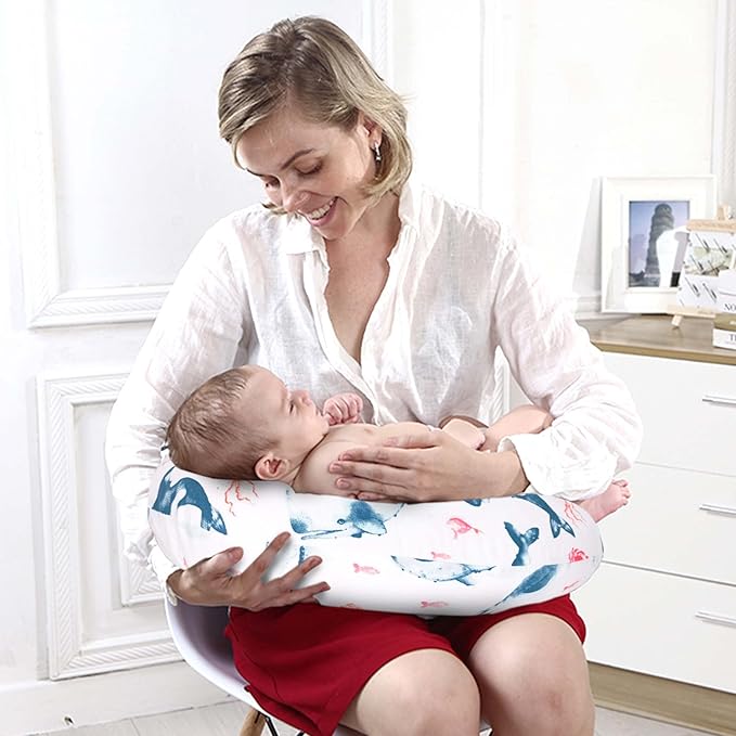 LAT Nursing Pillow for Breastfeeding,100% Cotton Removable Cover,Ergonomic Breast Feeding Pillows for Mom and Baby,Machine Washable (Ocean World)