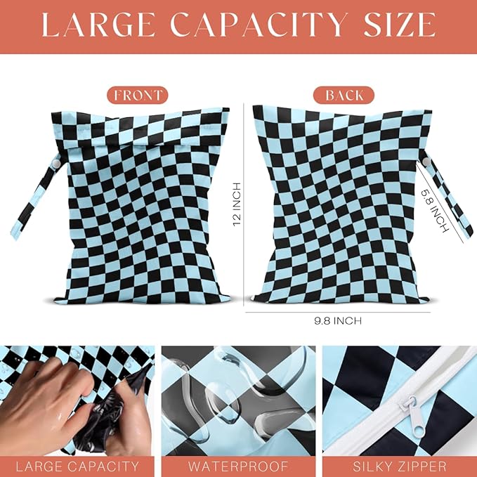 4 Pack Multicolor Checkered Wet Bag Waterproof Washable Reusable Wet Dry Bag for Swimsuit Clothes Cloth Diaper Travel Beach Pool Yoga Gym Toiletries Gift for Women Sister Bestie Birthday Christmas
