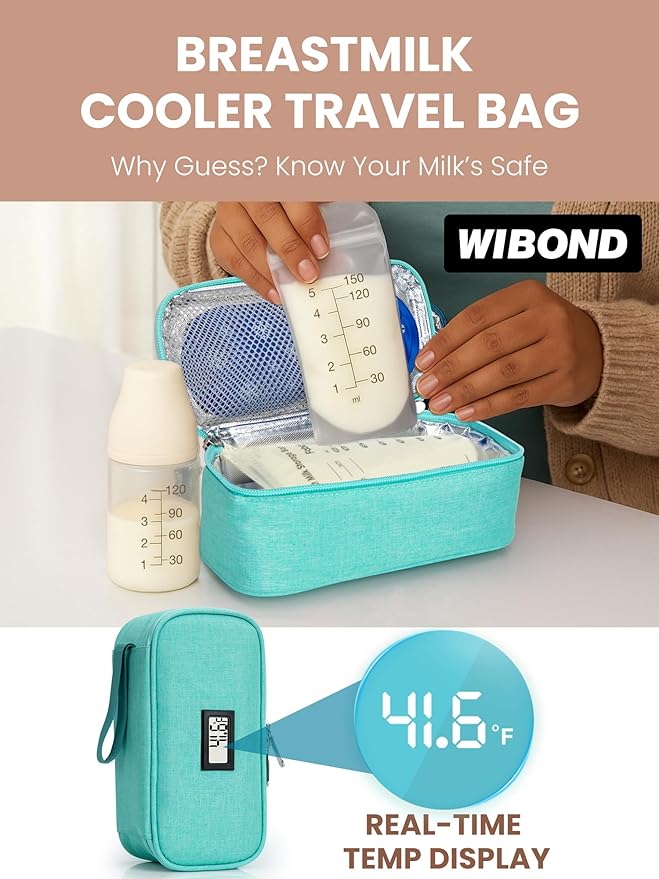 Breast Milk Cooler Travel Bag, Real-Time Temperature Display, Holds 4-6 Breastmilk Storage Bag with 2 Breast Milk Ice Pack, Cooling & Waterproof Portable Cooler for Moms on the Go (Light Green)