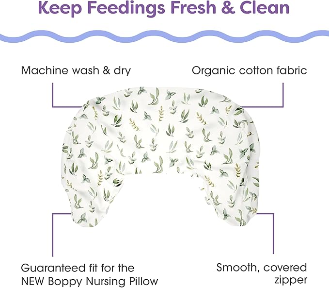 Boppy Nursing Pillow Cover, Organic Green Leaves, Single Cover, Easy-On Slipcover with Gentle 100% Organic Cotton Fabric for The Redesigned Nursing Pillow